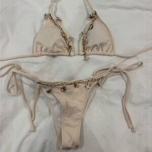 SHEIN Cream Ribbed Shell-Trim Triangle Bikini